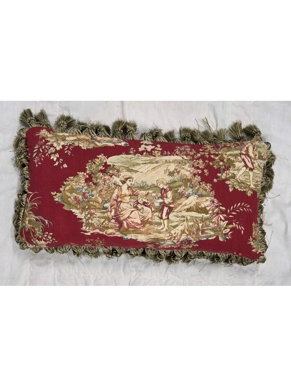 Wesley Hall 11 x 21 Fremont Red Pastorale Toile De Jouy Fringed Throw Pillow Vtg